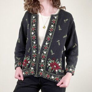 Vintage Festive Holiday Cardigan Beads Embroidered Not So Ugly Christmas Sweater